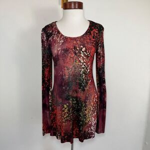 Peruvian Connection Floral Print Tunic Dress Burgundy Small Boho Art To Wear